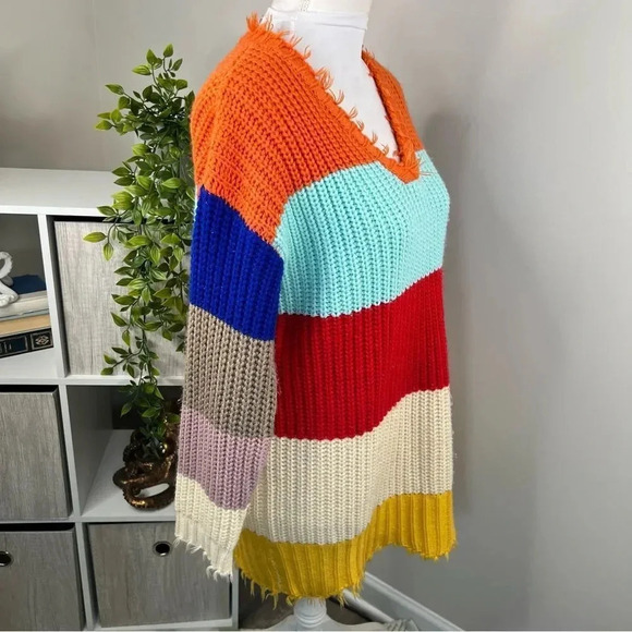 Dress Up Colorful Striped Tunic Sweater V Neck Frayed Trim Size S - Picture 8 of 11
